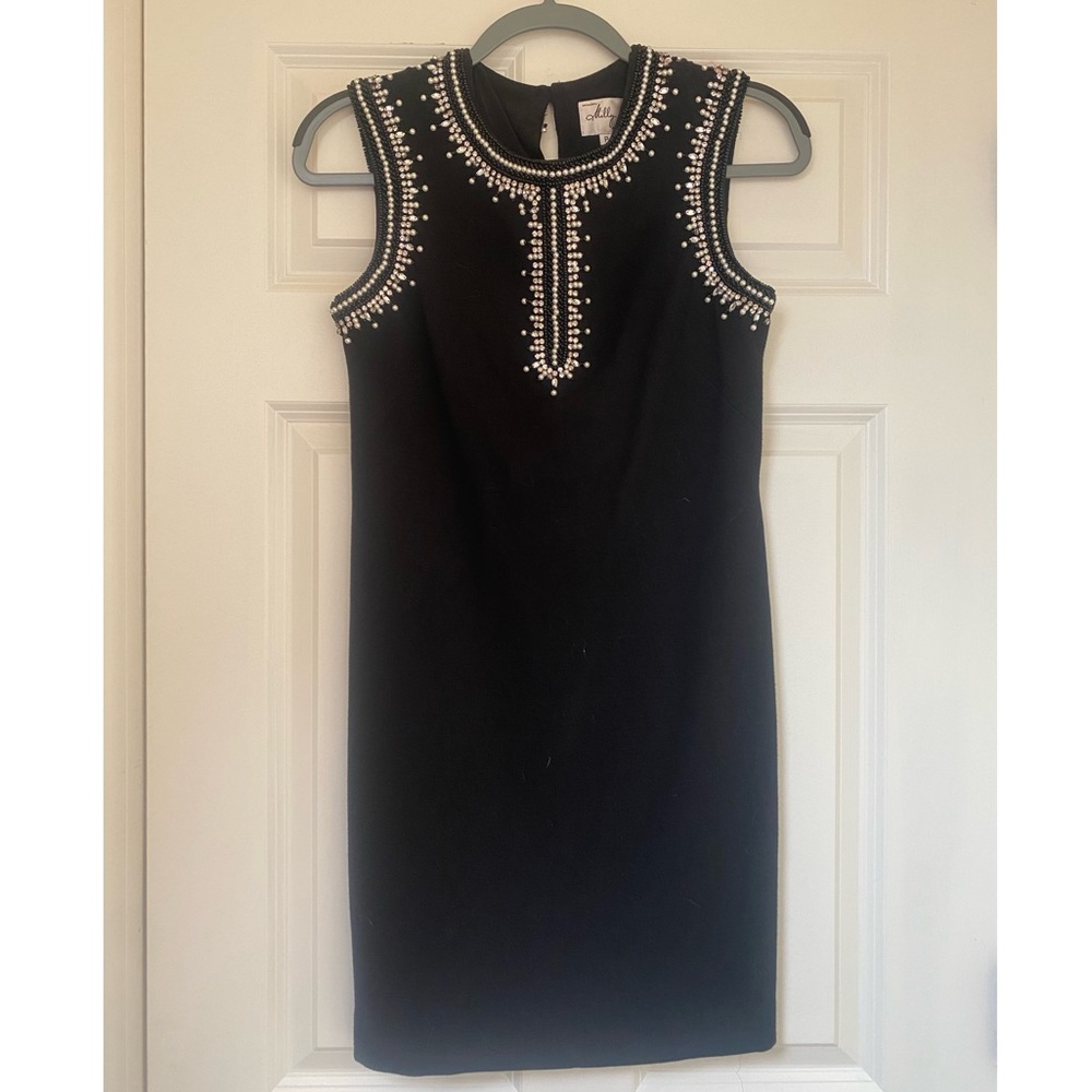 Milly of New York Original Black Mini Dress with rhinestone and pearl detailing.